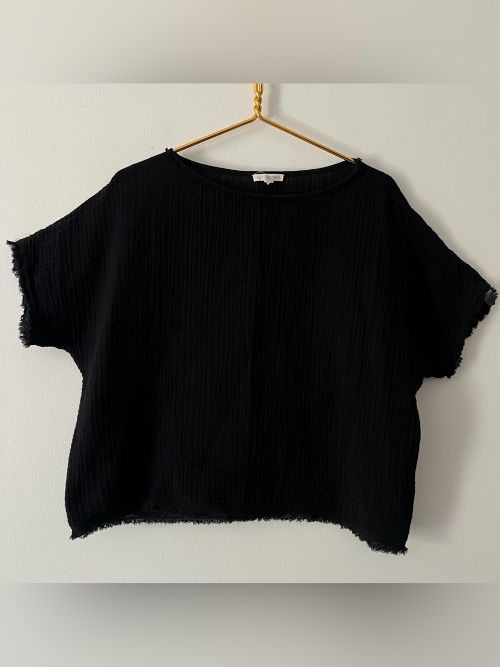 Eileen Fisher Black Cotton Ballet Neck Boxy Gauzy Textured Raw Edge Oversize XS